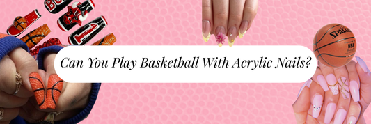 Collage of acrylic nail designs with basketball theme on pink background with text “Can You Play Basketball With Acrylic Nails?”