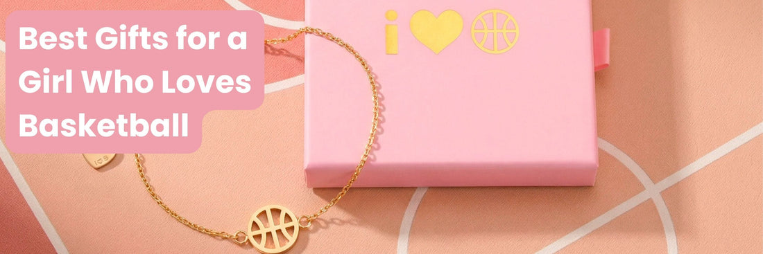 Promotional graphic showing a gold basketball necklace beside a pink I Heart Hoops gift box with the text “Best Gifts for a Girl Who Loves Basketball.”