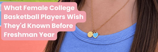 Love of the Game Basketball Necklace worn with a blue top beside text about advice for female college basketball freshmen.