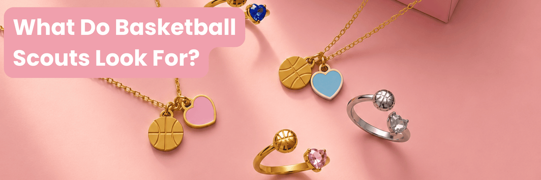 Love of the Game Basketball Necklaces and Follow Through Basketball Rings beside text asking what basketball scouts look for