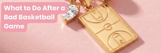 Close-up of a gold Home Court basketball necklace with a white heart charm beside text reading “What to Do After a Bad Basketball Game.”