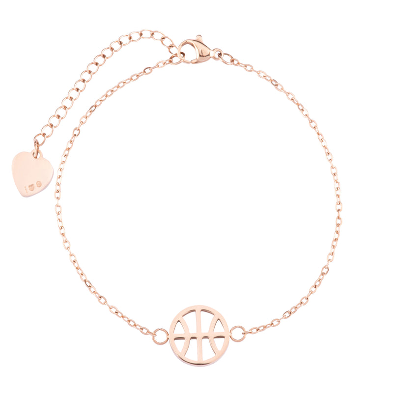Rose gold adjustable bracelet with round basketball charm and heart charm on the end of the extender chain, on white background