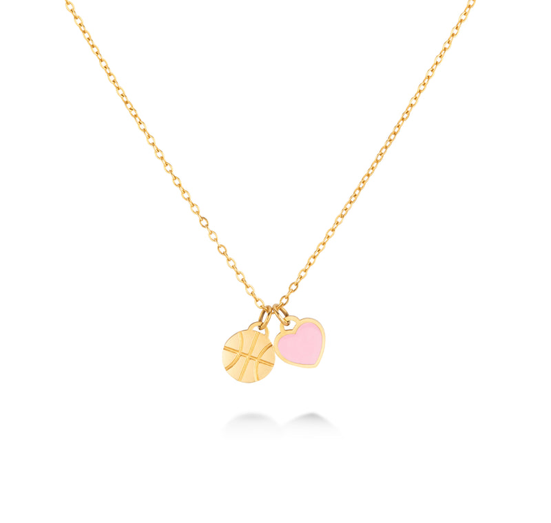 Gold basketball charm necklace with engraved basketball pendant and pink heart charm on a thin chain