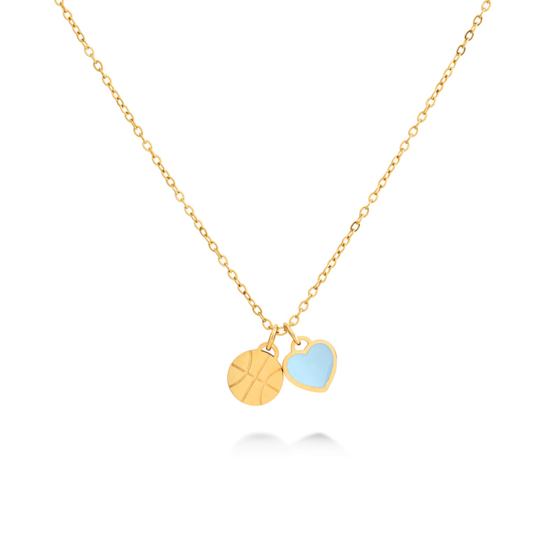 Gold basketball charm necklace with engraved basketball pendant and light blue heart charm on a thin chain