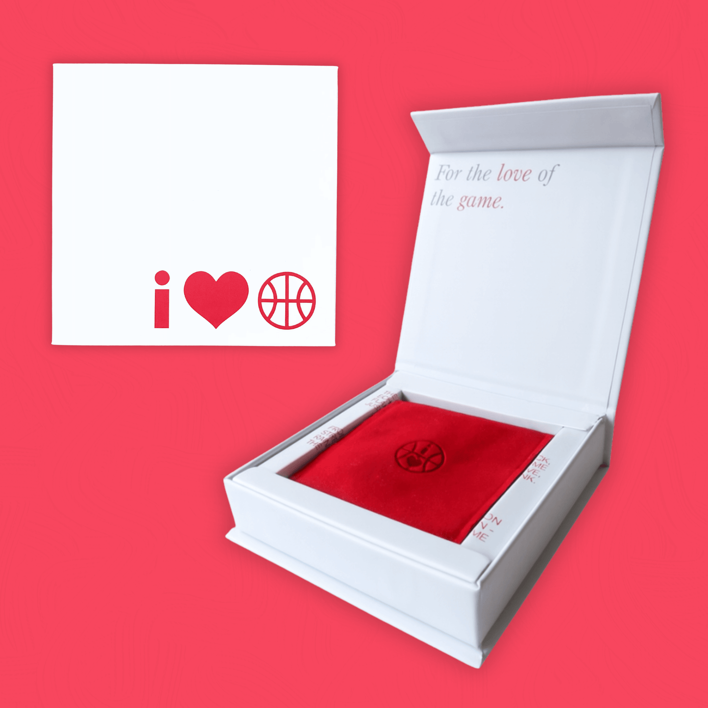 Open white jewellery box with red insert and I Heart Hoops basketball branding
