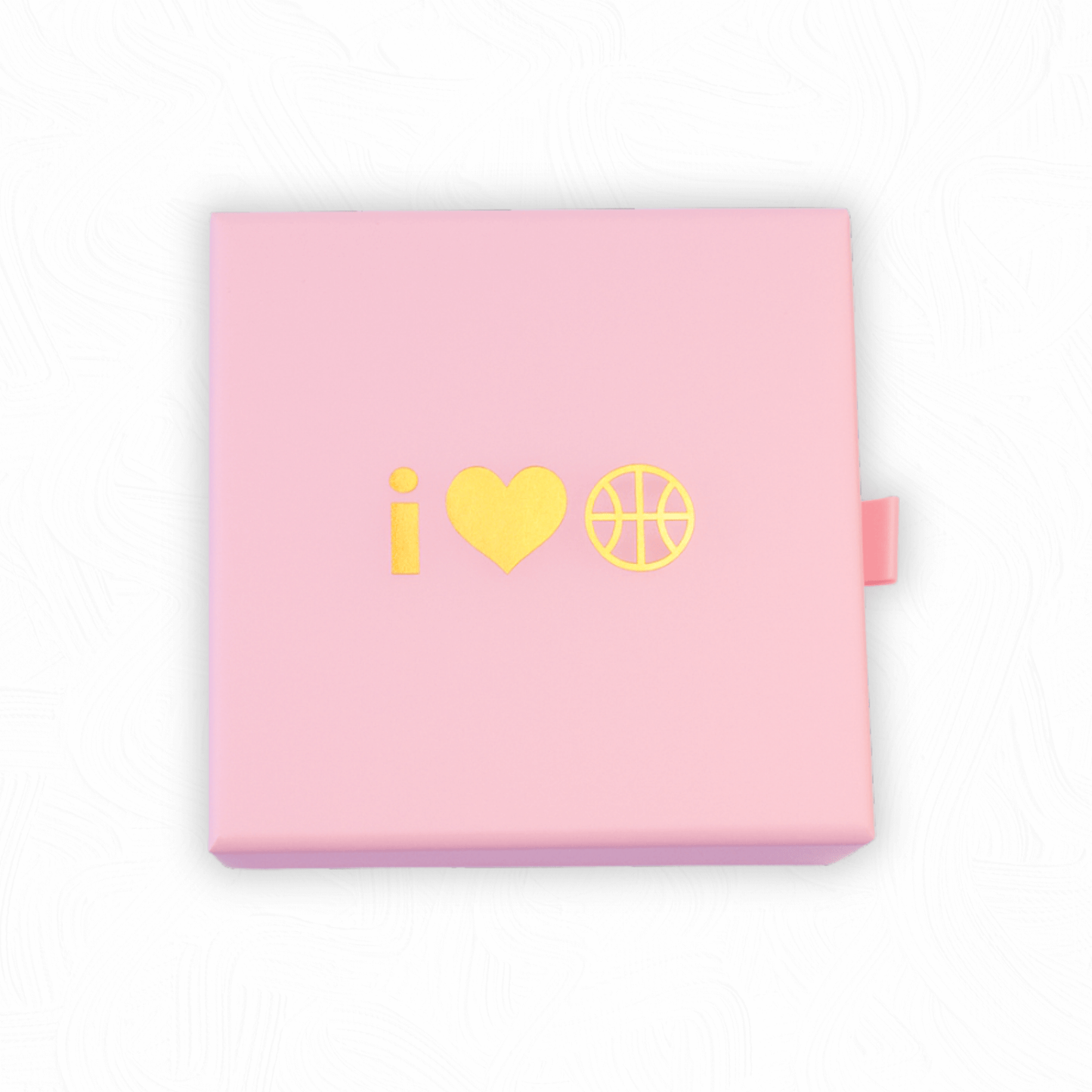 Pink jewellery gift box with gold I Heart Hoops basketball logo on the lid