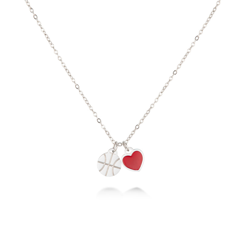 Silver basketball charm necklace with engraved basketball pendant and red heart charm on a thin chain
