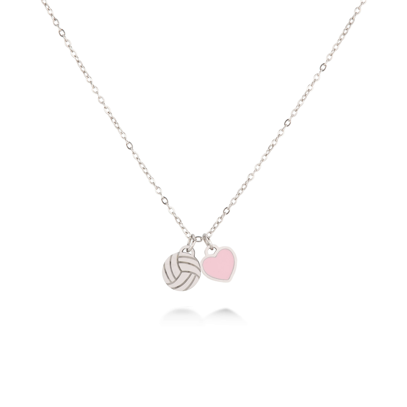Silver netball necklace with netball charm and pink heart pendant on a thin chain