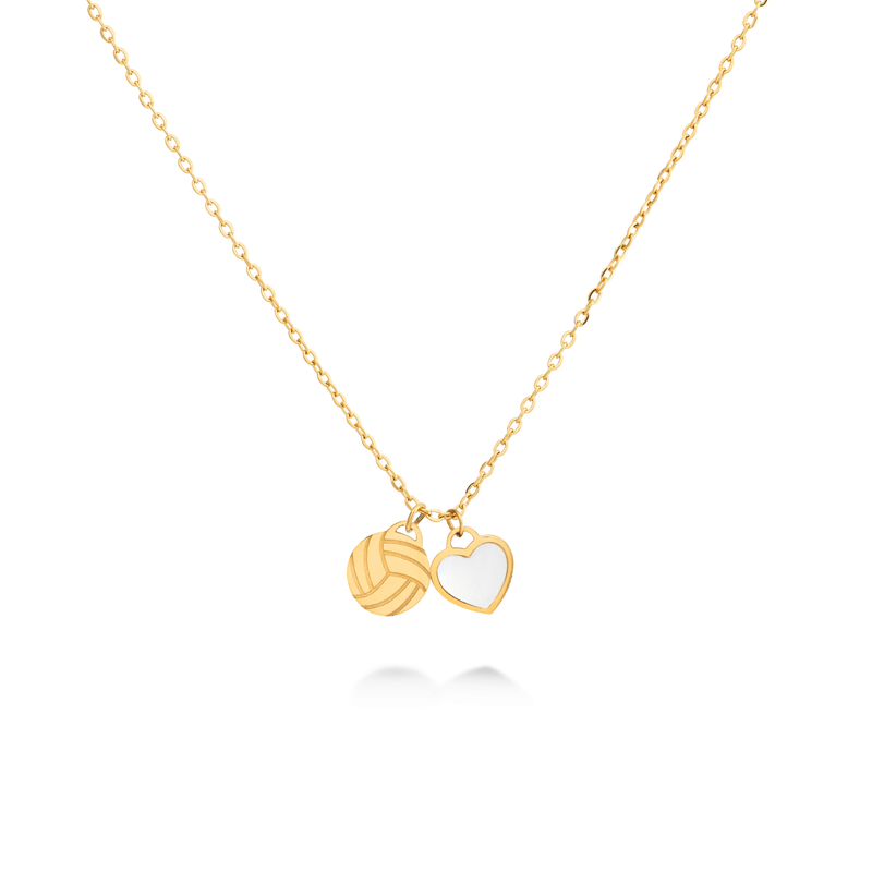 Gold netball necklace with netball charm and pearl heart pendant on a thin chain