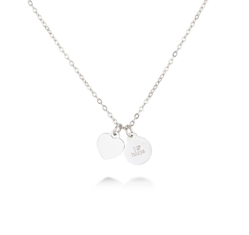 Back view of Silver Love of the Game basketball necklace showing charm with I Love Hoops engraving