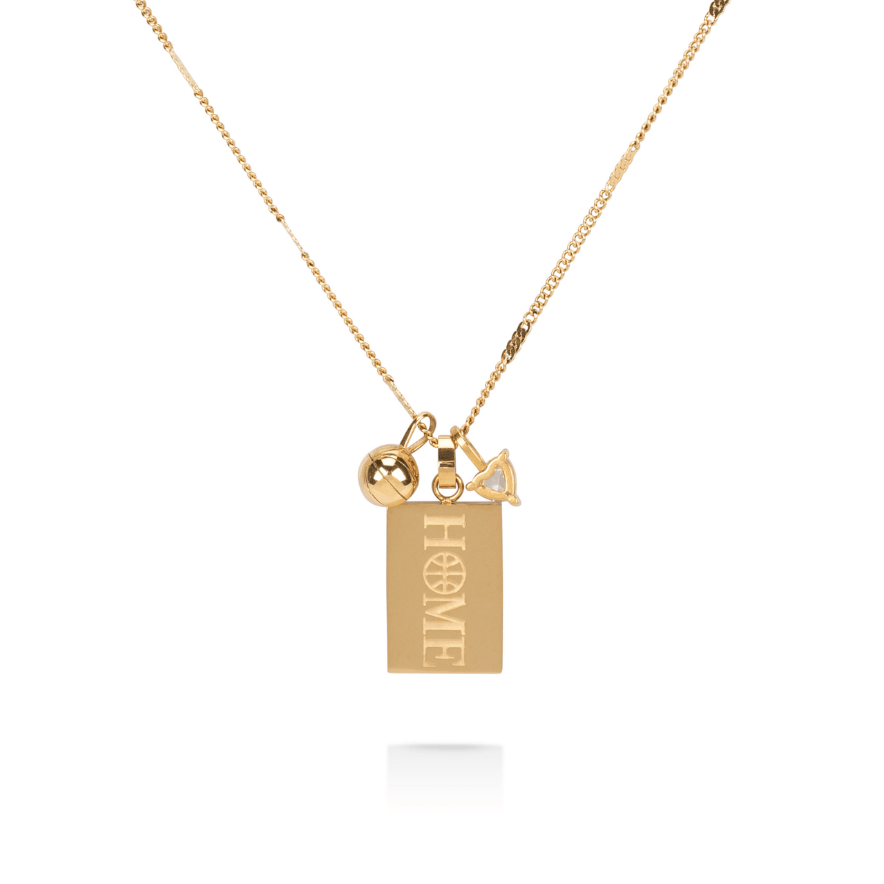 Back view of gold basketball court necklace showing engraved HOME plate with basketball and heart charms on chain