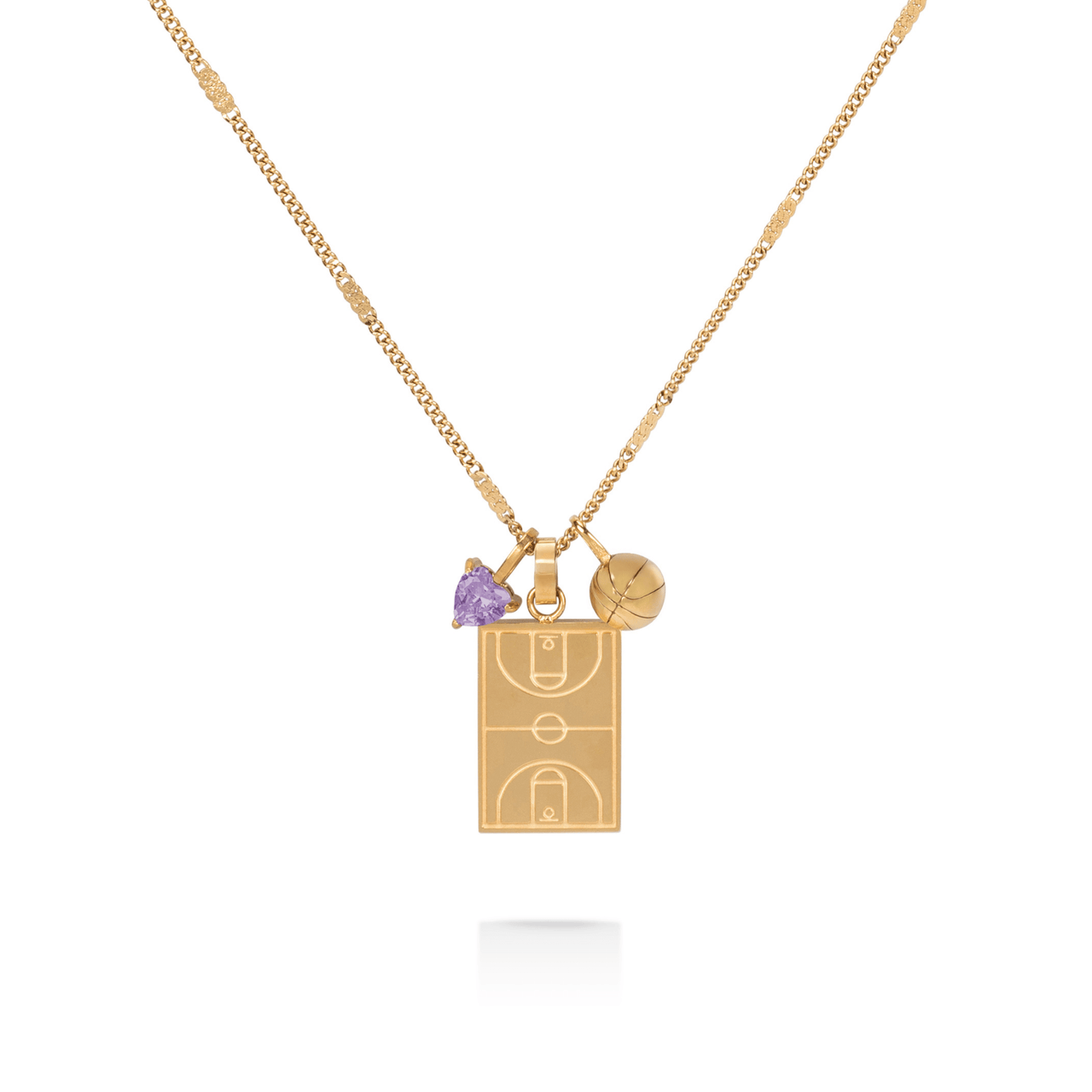 Gold basketball court pendant necklace with basketball charm and light purple heart gem