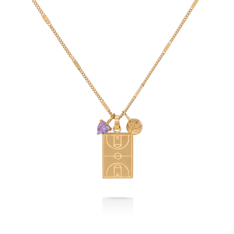 Gold basketball court pendant necklace with basketball charm and light purple heart gem