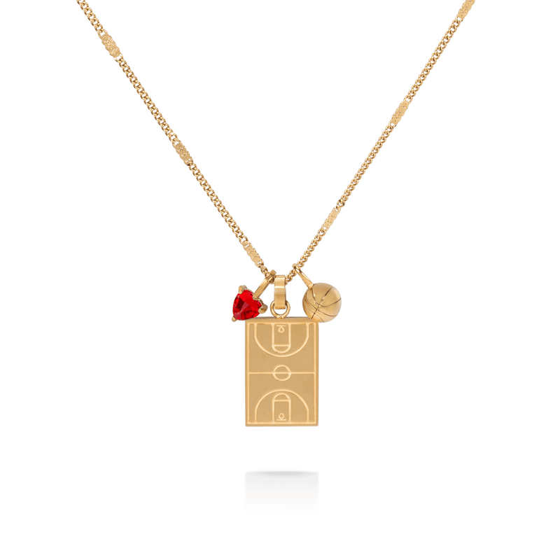 Gold basketball court pendant necklace with basketball charm and red heart gem