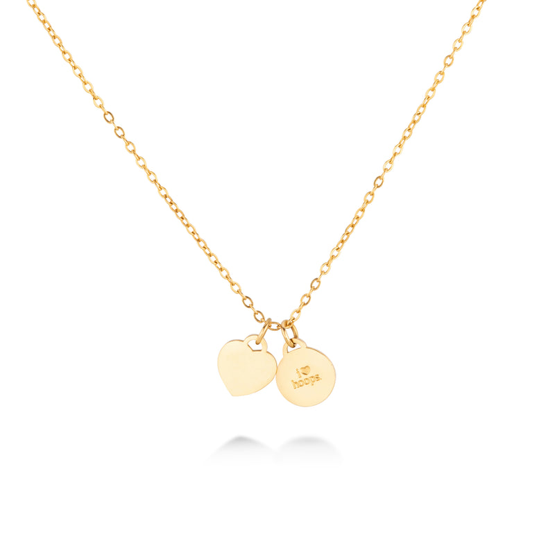 Back view of Gold Love of the Game basketball necklace showing charm with I Love Hoops engraving