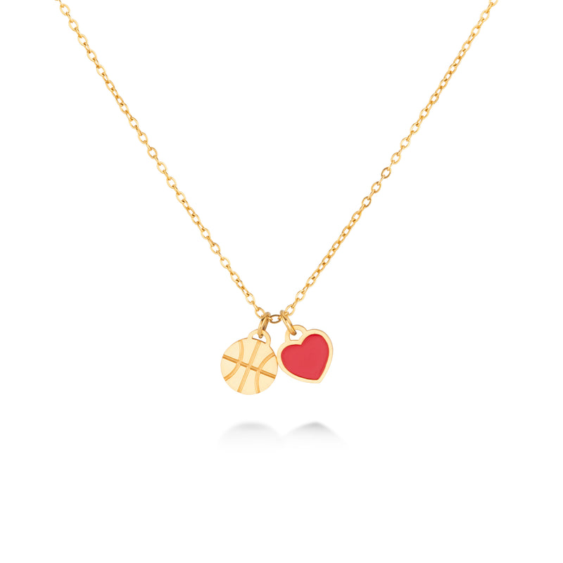 Gold basketball charm necklace with engraved basketball pendant and red heart charm on a thin chain