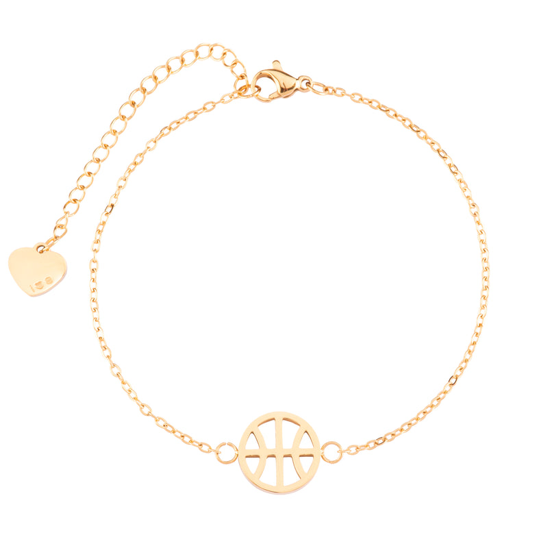 Gold adjustable bracelet with round basketball charm and heart charm on the end of the extender chain, on white background