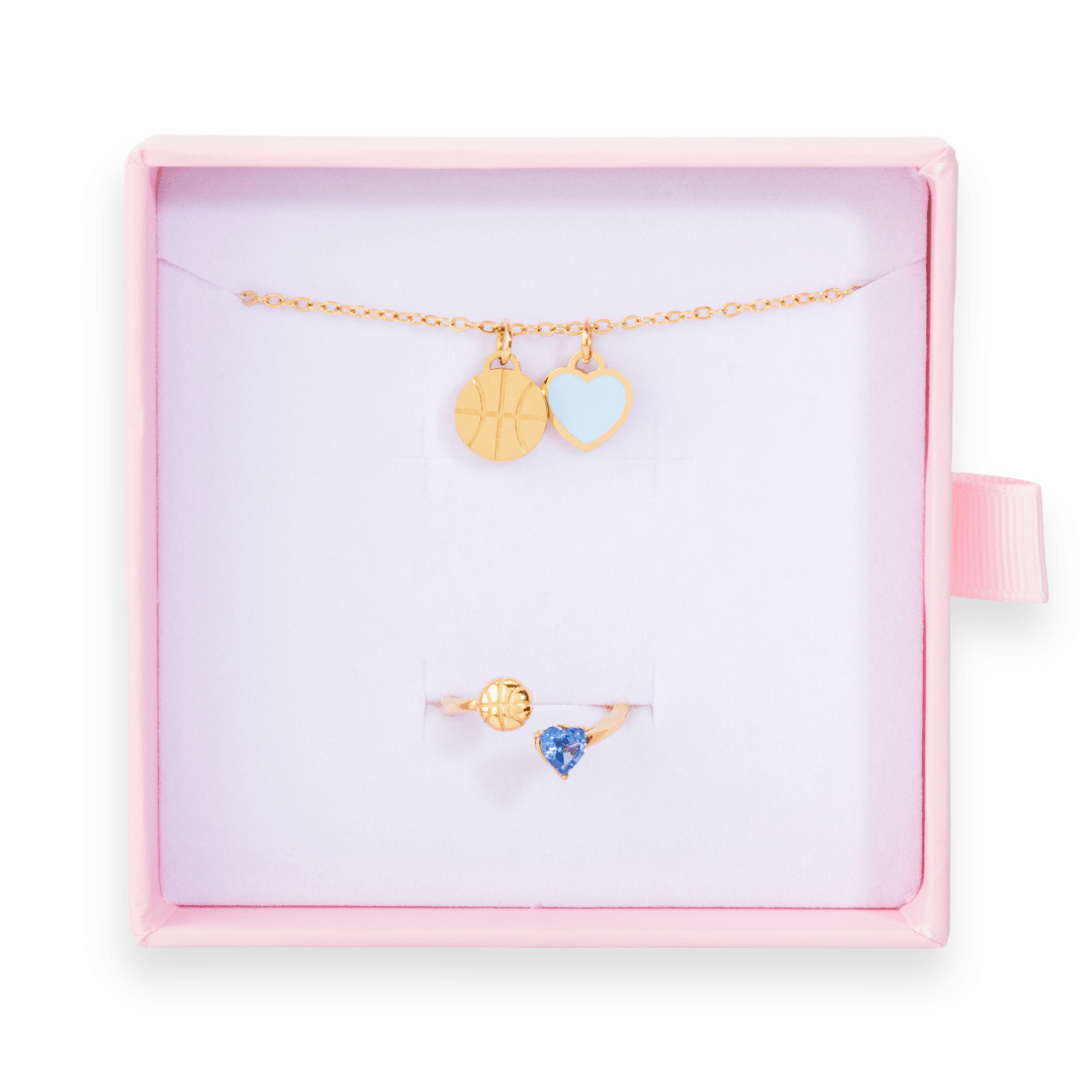 Gold Follow Through bundle with blue Love of the Game basketball necklace and blue basketball ring in pink gift box