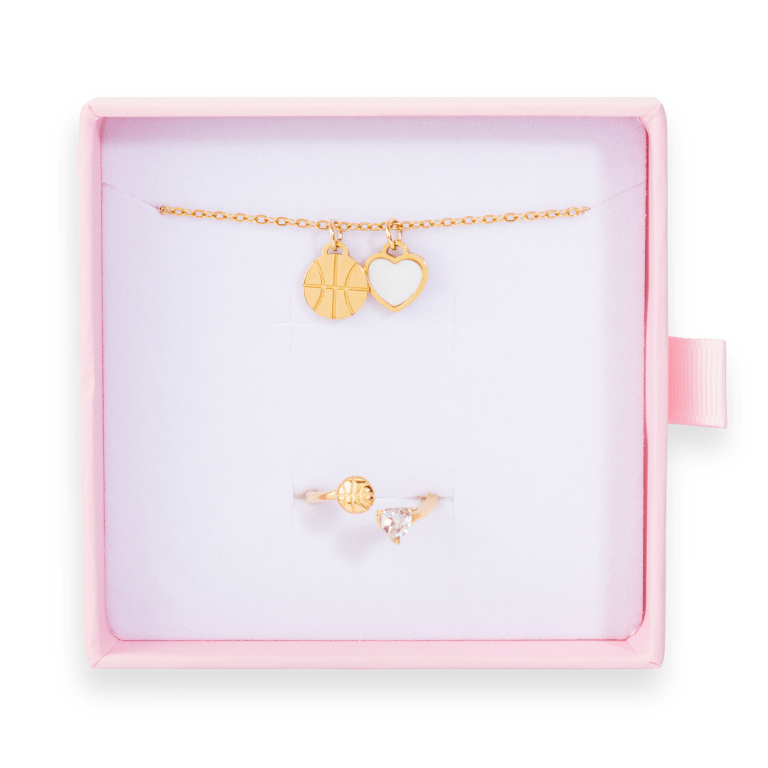 Gold Follow Through bundle with pearl Love of the Game basketball necklace and diamond basketball ring in pink gift box