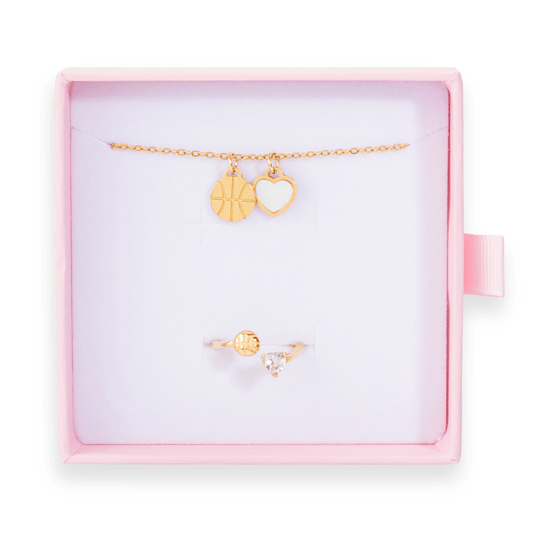 Gold Follow Through bundle with pearl Love of the Game basketball necklace and diamond basketball ring in pink gift box