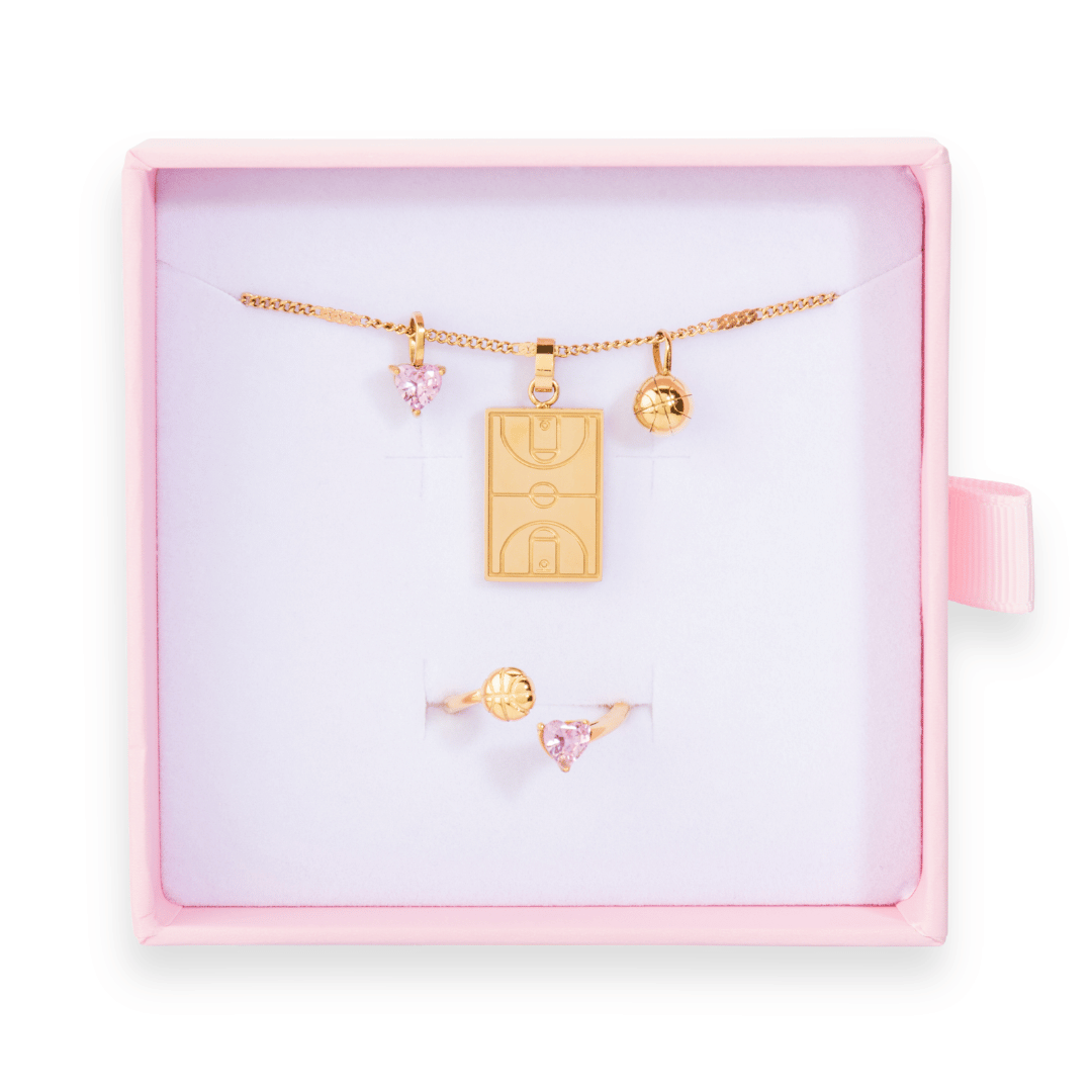 Gold Follow Through bundle with pink Home Court basketball necklace, and pink basketball ring in pink gift box