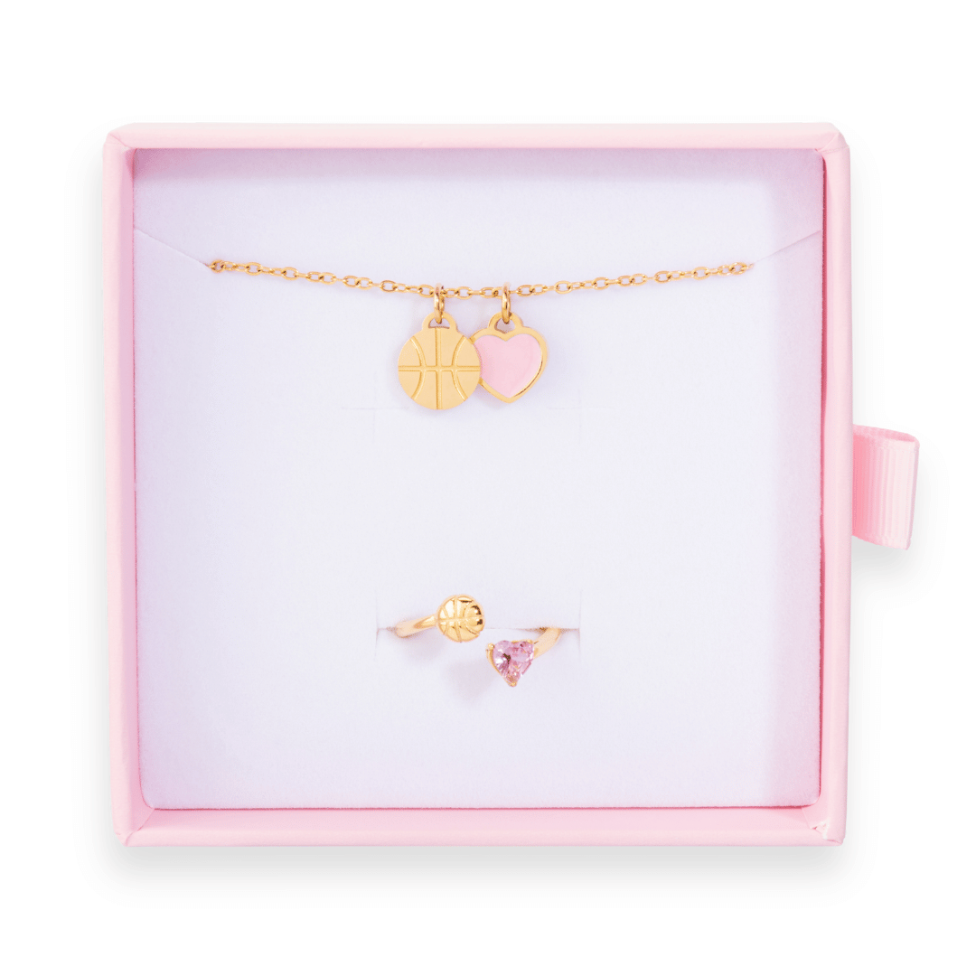 Gold Follow Through bundle with pink Love of the Game basketball necklace and pink basketball ring in pink gift box