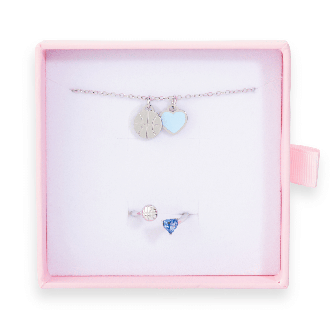Silver Follow Through bundle with blue Love of the Game basketball necklace and blue basketball ring in pink gift box