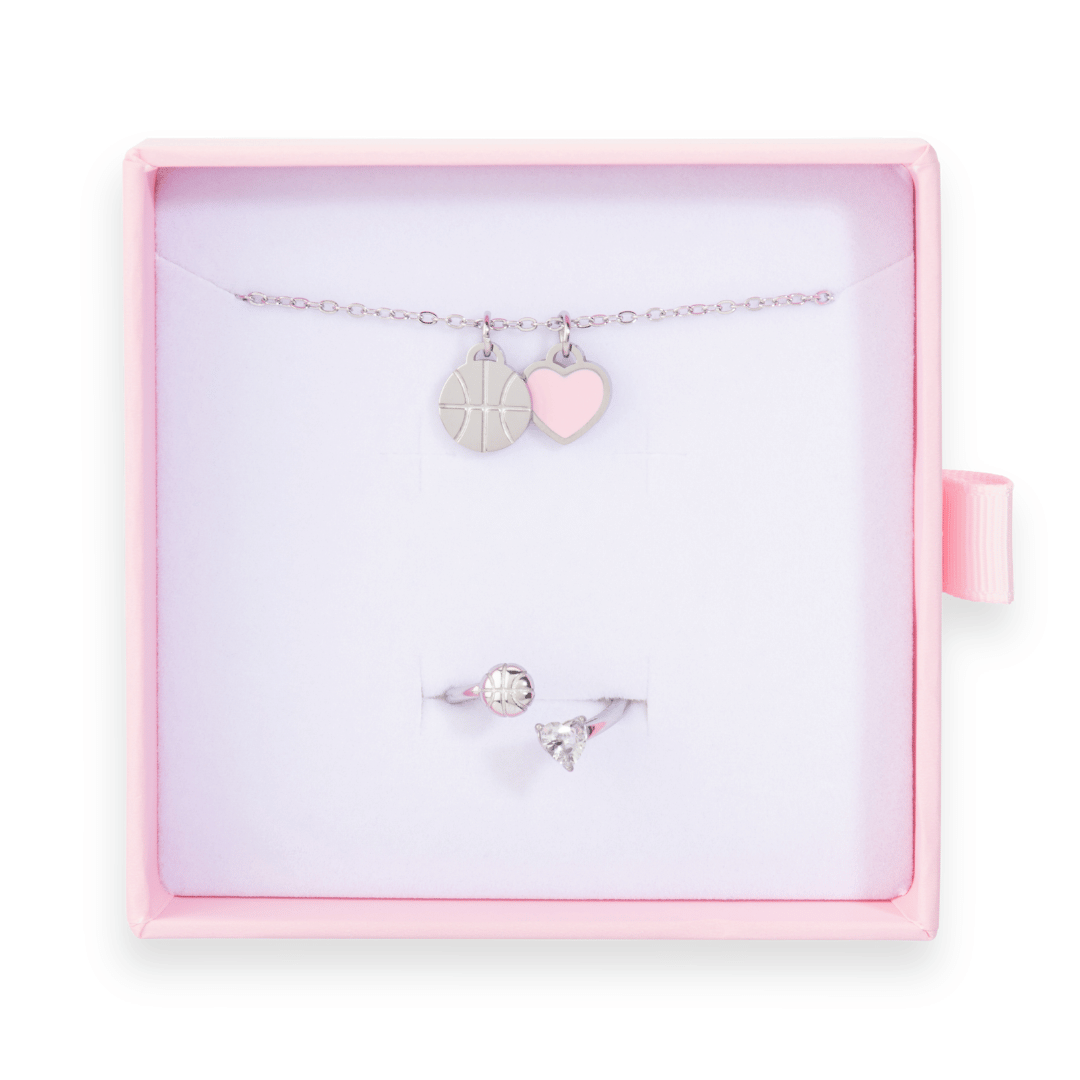 Silver Follow Through bundle with pink Love of the Game basketball necklace and diamond basketball ring in pink gift box