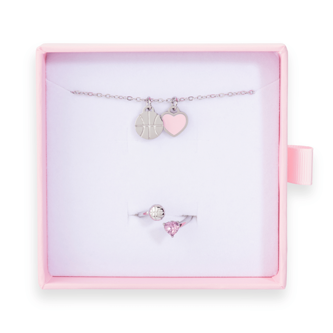 Silver Follow Through bundle with pink Love of the Game basketball necklace and pink basketball ring in pink gift box