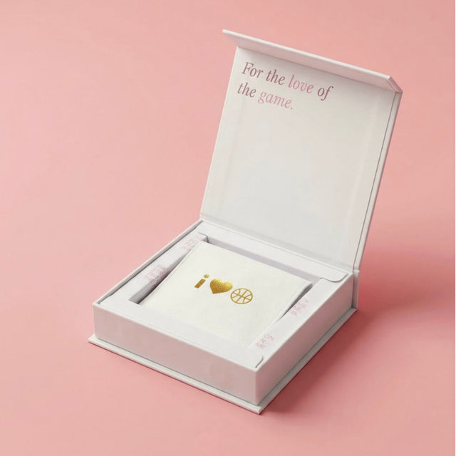 I Heart Hoops gift box packaging for the Love of the Game basketball necklace with branded pouch included