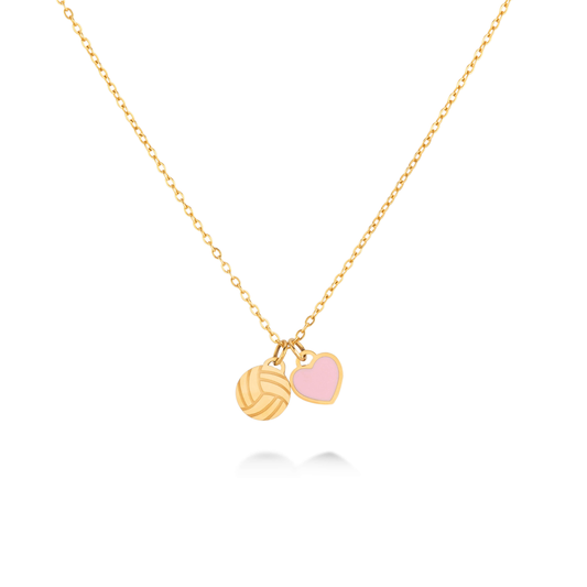 Gold volleyball necklace with volleyball charm and pink heart pendant on a thin chain
